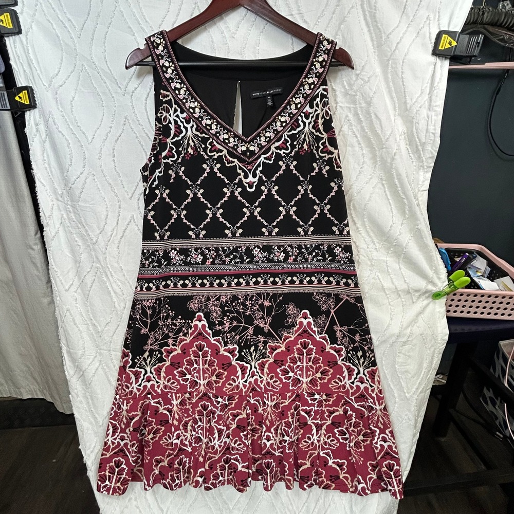 White House Black Market Mini Dress XL Black Wine Floral Boho Embellished Beaded